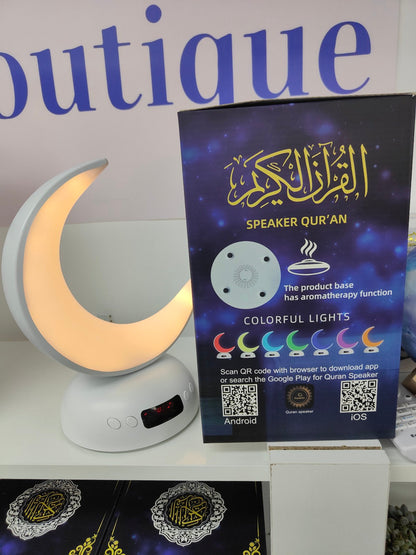 This Quran Speaker from Hikmah Boutique has all the features you are looking for! It has built-in Azan Clock, Bluetooth Connection, Beautiful Crescent shaped lamp and has wireless speaker to play Quran recitation in various reciters voice. The built-in azan clock reminds you to pray your salah.