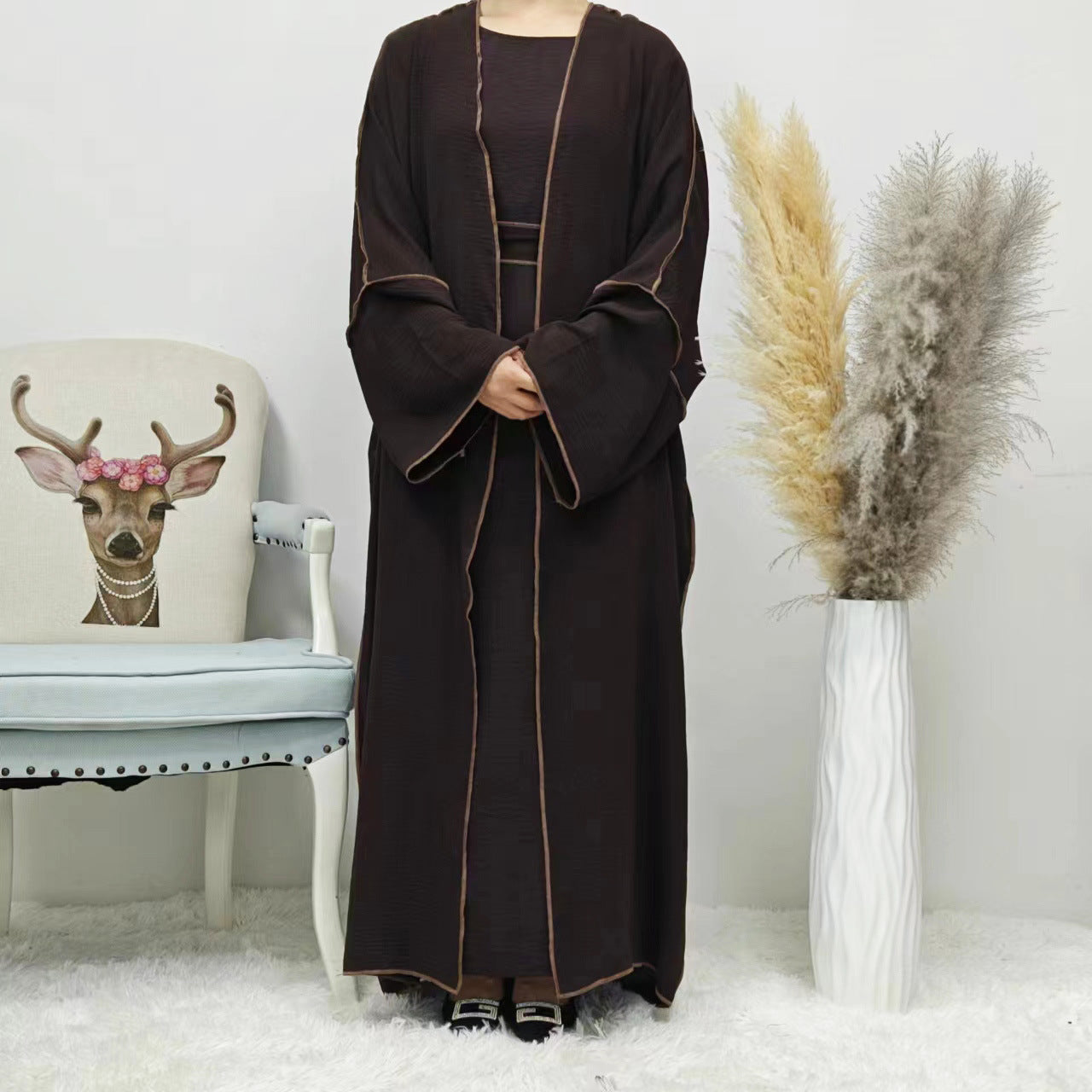 Radiate elegance with the Summer Abaya 2-Piece Set in Dark Coffee, exclusively designed to meet the needs of modest summer fashion at Hikmah Boutique Australia Online.