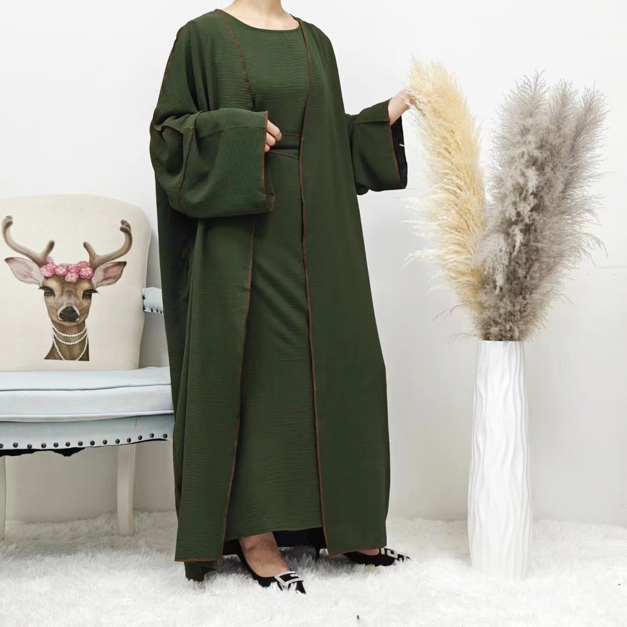 Stay Modest in style with the Summer Abaya 2-Piece Set in Dark Olive, perfect for Islamic modest fashion enthusiasts at Hikmah Boutique Australia Online.