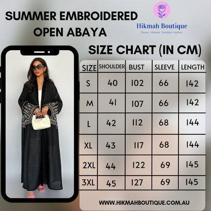 Summer Embroidered Open Abaya, made from breathable, lightweight fabric, this modest abaya with elegant embroidery is ideal for hot weather. Shop at Hikmah Boutique, Australia’s top destination for quality modest clothing.