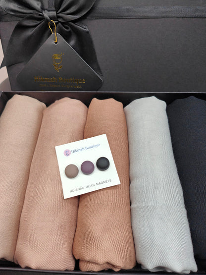 Discover the epitome of modest elegance with our Viscose Hijab Gift Box. Indulge in 5 premium Viscose Hijabs and magnetic pins, thoughtfully presented in an elegant box. Choose from 20 colors, each crafted for comfort and style. Elevate your modest wardrobe with the best quality viscose hijabs in Australia. 
