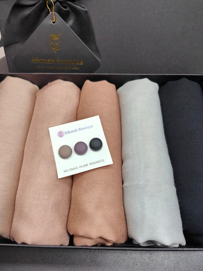Discover the epitome of modest elegance with our Viscose Hijab Gift Box. Indulge in 5 premium Viscose Hijabs and magnetic pins, thoughtfully presented in an elegant box. Choose from 20 colors, each crafted for comfort and style. Elevate your modest wardrobe with the best quality viscose hijabs in Australia. 