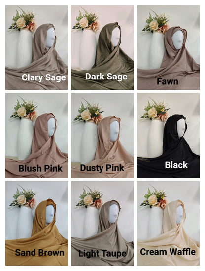 Discover our premium Viscose Hijab Bundle at Hikmah Boutique. Featuring 5 stylish hijabs with matching jersey undercaps in 30 beautiful colors. Double-stitched, soft, and durable for everyday modest fashion.