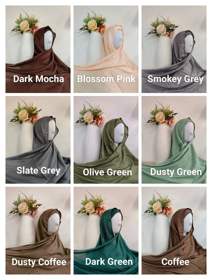 Discover our premium Viscose Hijab Bundle at Hikmah Boutique. Featuring 5 stylish hijabs with matching jersey undercaps in 30 beautiful colors. Double-stitched, soft, and durable for everyday modest fashion.