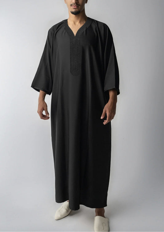 Moroccan Style Summer Linen Men Thobe Half Sleeves - Black