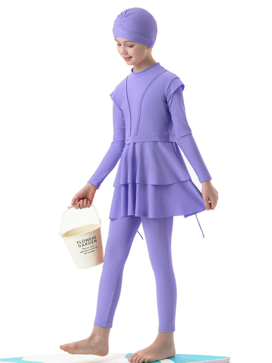 Girls Burkini Modest Swimwear in Purple | 3 Piece Swimsuit Set