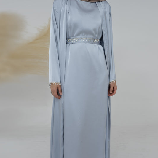 Malika Abaya in Silver Grey | 4-Piece Abaya Set