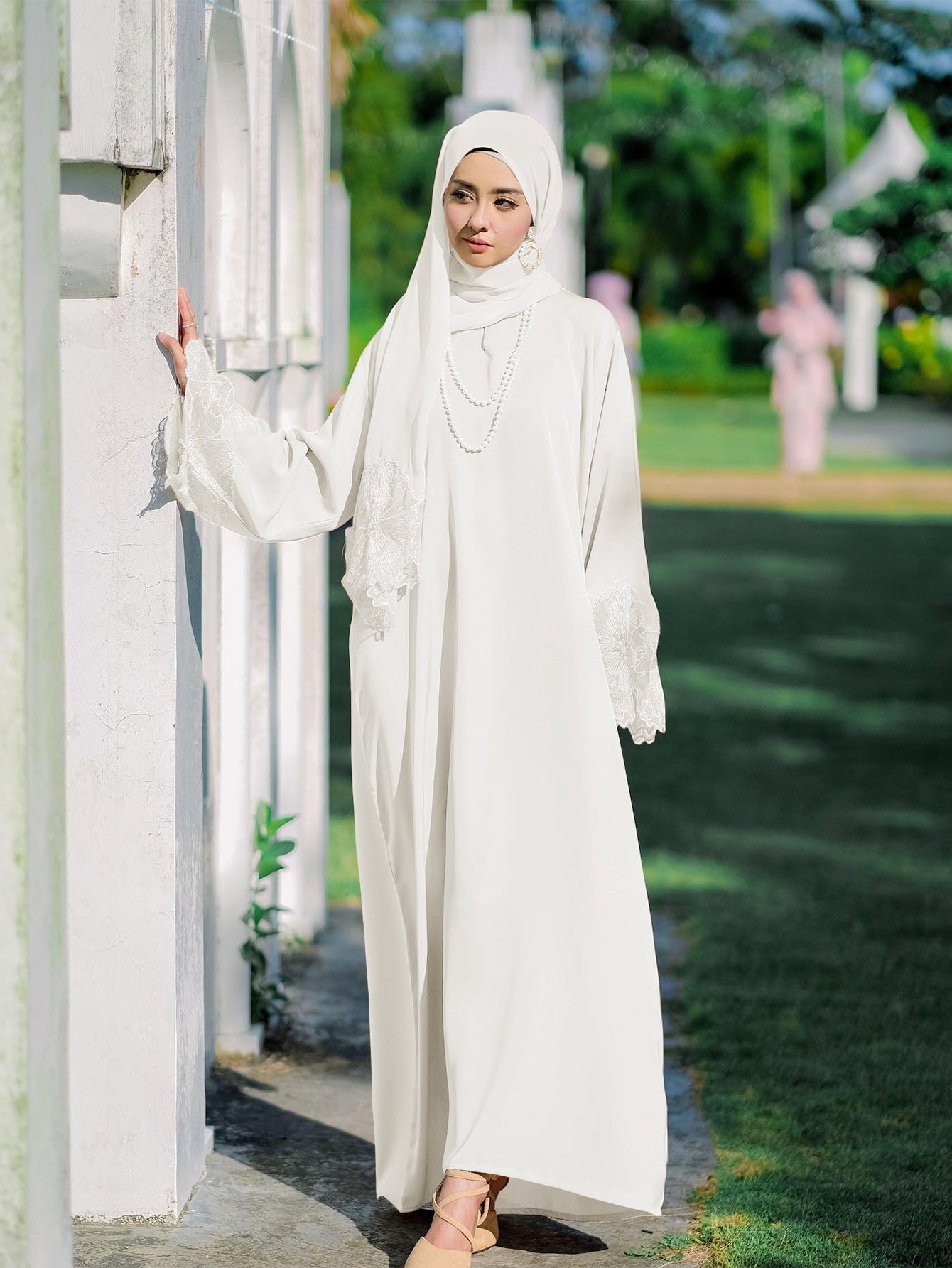 white dress matching hijab
