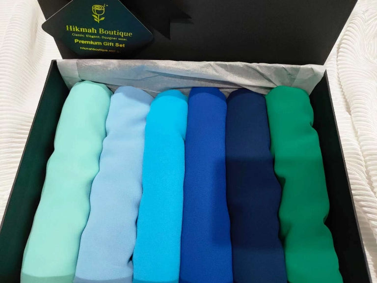 This Premium Chiffon Hijab Gift Box is the perfect way to treat yourself or someone you want to gift. Made of chiffon fabric, this hijab is beautiful, comfortable and elegant. This Elegant Range contains six sheer, elegant, and most comfortable hijabs in colors Aruba Blue, Vista Blue, Sky Blue, Royal Blue, Majolica Blue and Sea Green. This will not only amaze you but also helps you influence your poise. These hijabs will make you look sophisticated and elegant while fulfilling the religious obligation. 