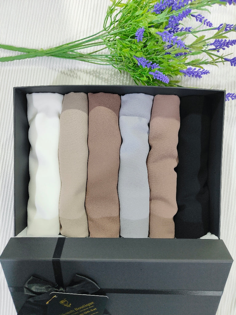 This is a Premium Chiffon Hijab Gift Box which contains six elegant, comfortable hijabs in different colors and a pair of Magnetic Hijab Pins. The quality of these chiffon hijabs will help you influence your poise. These Chiffon Hijabs will make you look sophisticated and elegant while fulfilling the religious obligation.