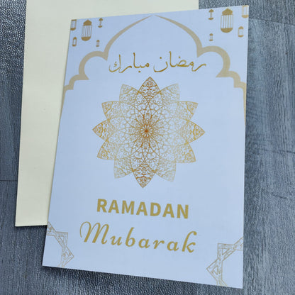 Ramadan Mubarak greeting card has a unique and elegant design, incorporating intricate patterns & colors. They are printed on high-quality paper, and feature thoughtful messages in Arabic motif and English. This greeting card provides a thoughtful and personal way to send greetings to friends and family for Ramadan. 
