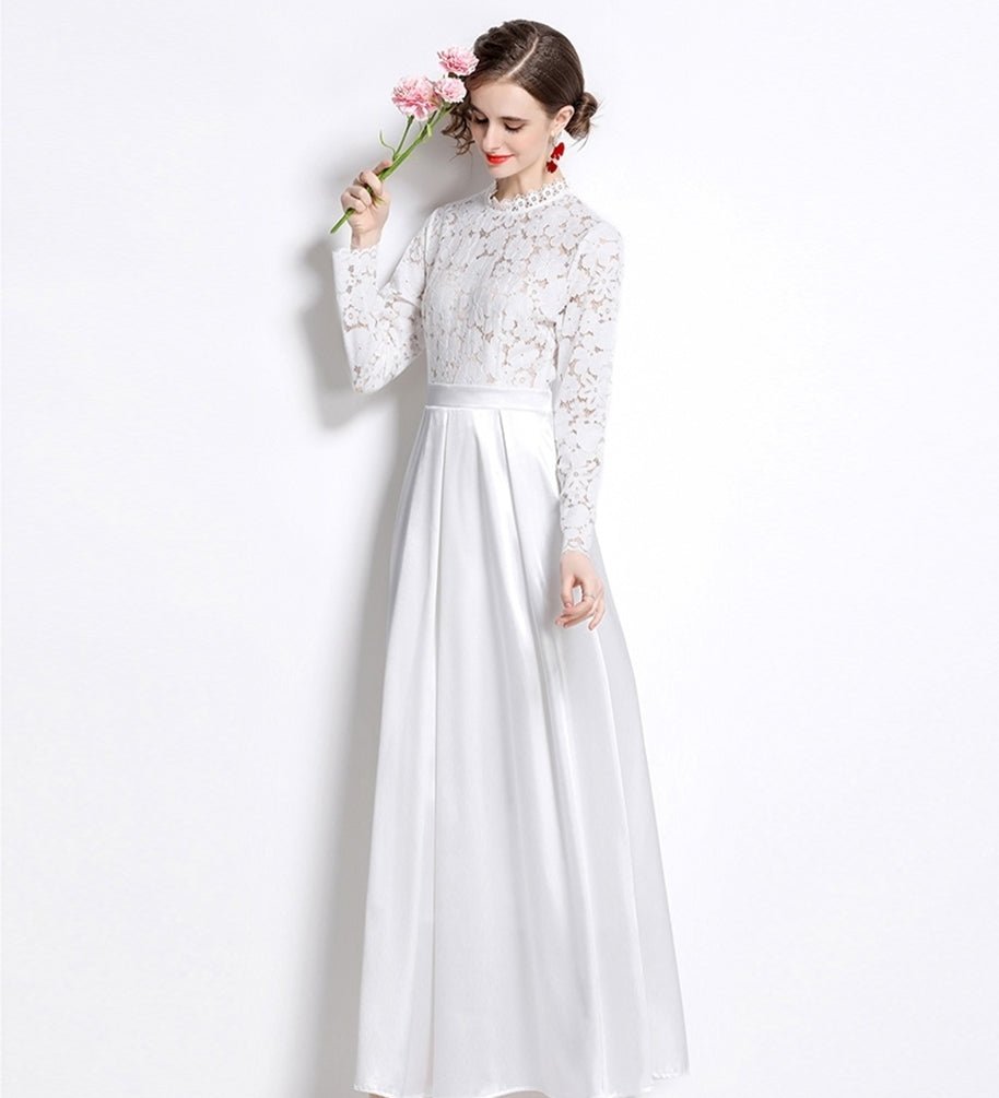 Elegant White Abaya Dress with Lace Top and Satin Bottom Hikmah