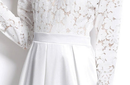 HB Elegant White Dress, Floral Lace Top & Satin Silk Maxi Dress - Hikmah Boutique