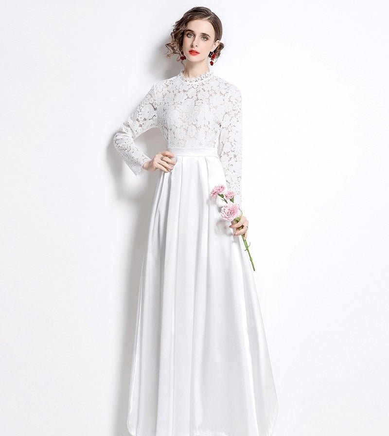 White Jersey Jewel Neck Long Sleeve Mermaid Dress - Promfy