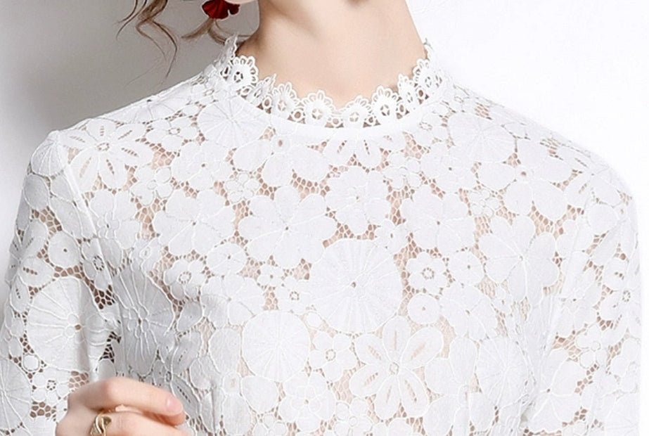HB Elegant White Dress, Floral Lace Top & Satin Silk Maxi Dress - Hikmah Boutique