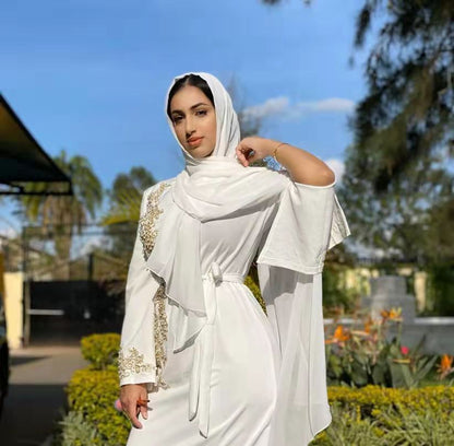 White Abaya Dress with Floral Embroidery