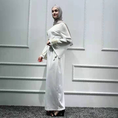 White Abaya Dress with Floral Embroidery